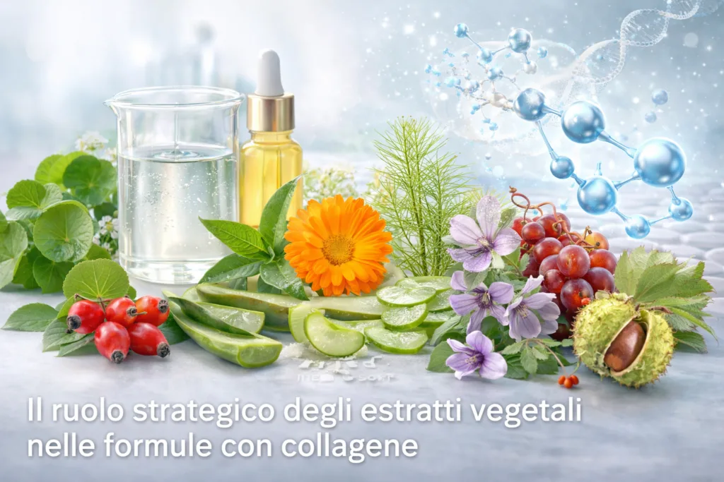 Collagene nei cosmetici: estratti vegetali cosmetici come centella, calendula, aloe e tè verde utilizzati in formulazioni con collagene