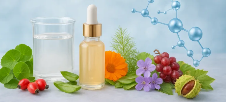 Siero viso al collagene in flacone con contagocce, circondato da ingredienti botanici e struttura molecolare, che rappresenta l’equilibrio tra idratazione, texture, tollerabilità e supporto funzionale della pelle.