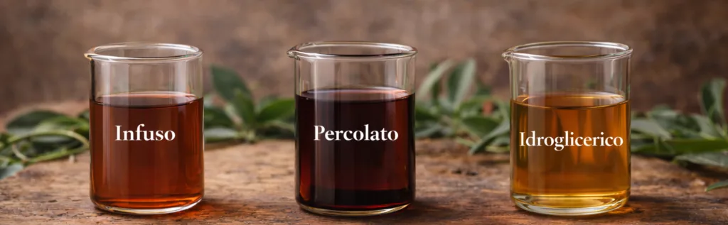 Immagine orizzontale dedicata al tè Pu-erh in cosmetica, con tre diverse forme estrattive – infuso, idroglicerico e percolato – ottenute dalle foglie di Camellia sinensis. L’immagine rappresenta l’impiego del tè Pu-erh in cosmetica come ingrediente di origine naturale in formulazioni tonificanti, lenitive e rivitalizzanti, nel rispetto di un utilizzo esclusivamente cosmetico e non terapeutico.