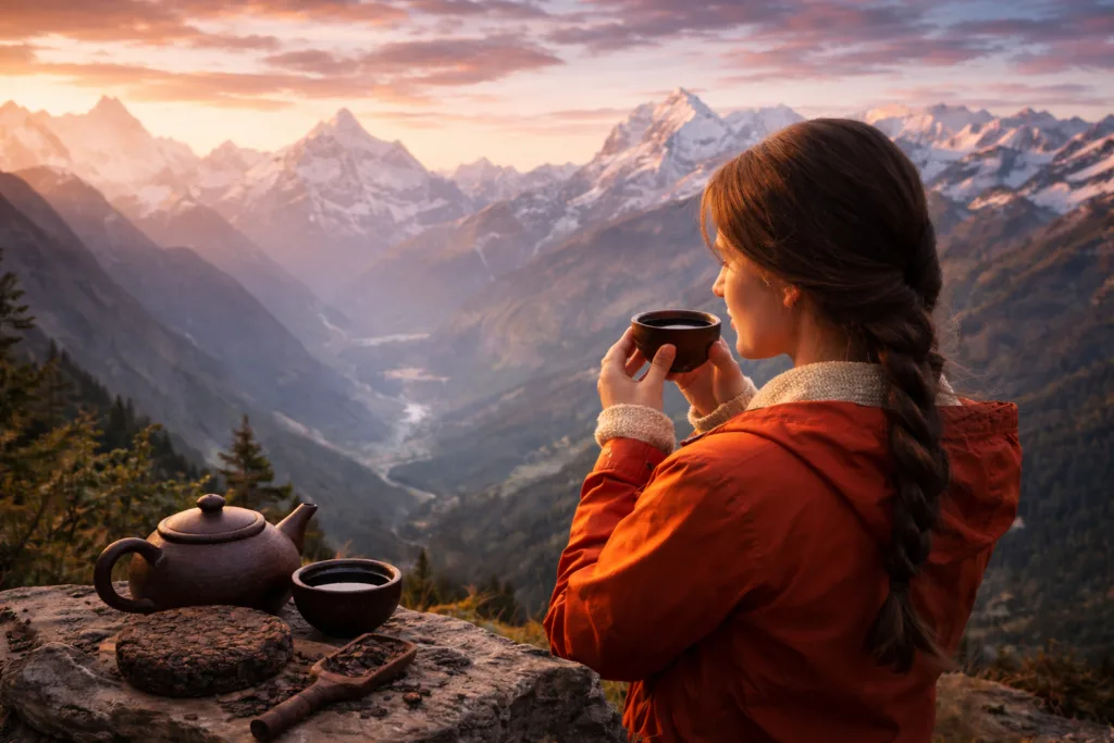 Immagine orizzontale di una donna che sorseggia tè Pu-erh in alta montagna all’alba, con teiera e tazza tradizionali, immersa in un paesaggio naturale e rilassante.