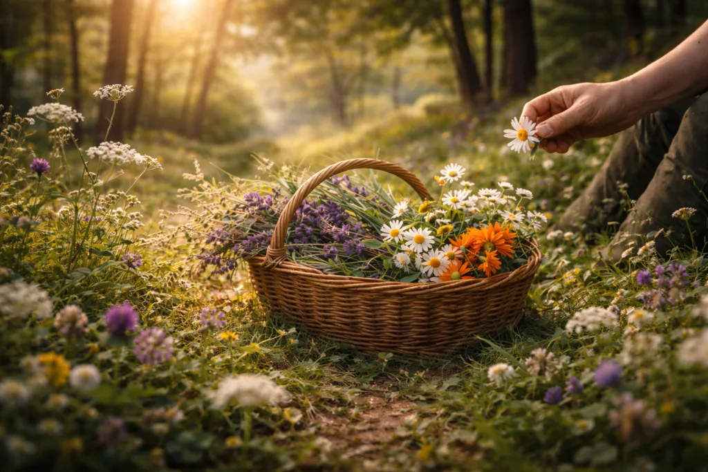 La raccolta e la scelta delle erbe officinali in cosmetica nasce dal legame con la natura, tra prati, boschi ed erboristeria, dove l’osservazione delle piante e la selezione consapevole delle materie prime accompagnano il percorso formulativo.

