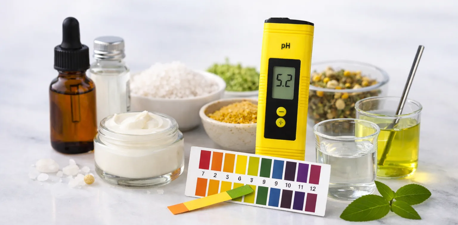 Strumenti per misurare il pH nelle preparazioni cosmetiche artigianali con pH-metro, cartine indicatrici e ingredienti cosmetici
