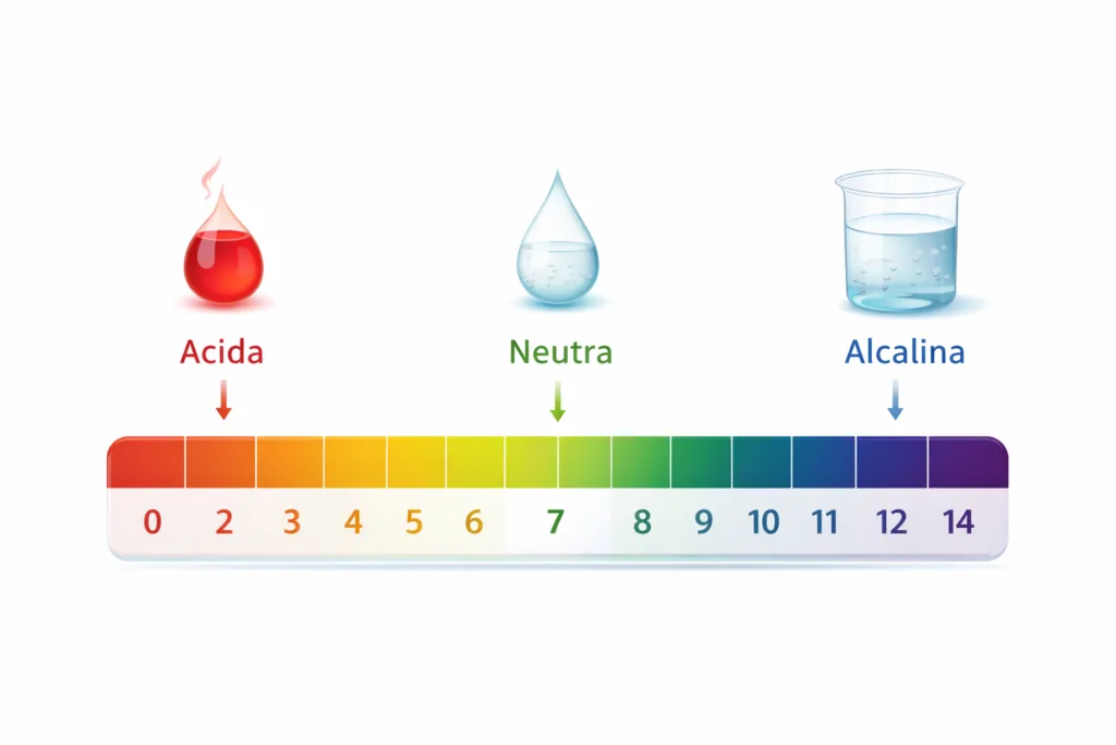 Illustrazione della scala del pH utilizzata nelle preparazioni cosmetiche artigianali, che mostra i valori da 0 a 14 e la distinzione tra soluzioni acide, neutre e alcaline. Comprendere la scala del pH è fondamentale per realizzare cosmetici homemade sicuri, stabili ed efficaci.