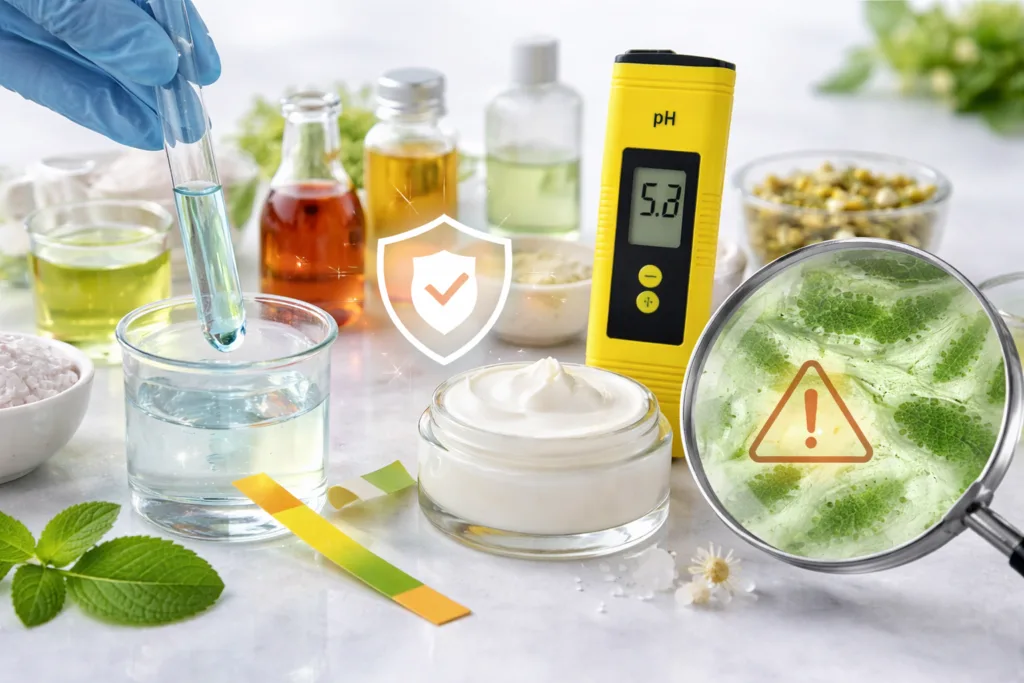Immagine rappresentativa dell’importanza del pH nelle preparazioni cosmetiche artigianali, evidenzia strumenti di misurazione, ingredienti cosmetici e il ruolo del pH nella stabilità e sicurezza del cosmetico homemade.