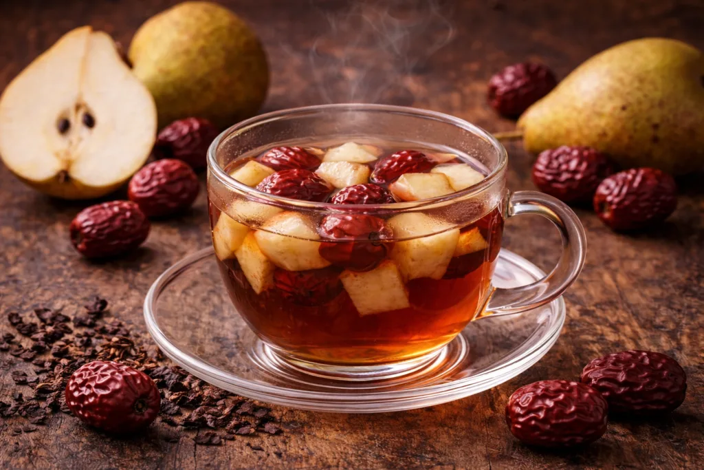 Tè Pu-erh servito caldo in tazza con teiera tradizionale, immerso in un contesto naturale e rilassante, ideale per contenuti su tè fermentato, rituale del tè e benessere.
