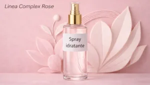 Spray idratante Linea Complex Rose in flacone elegante su sfondo rosa cipria, fotografia cosmetica eterea e raffinata