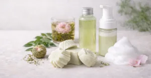 Cosmetici al tè verde alla peonia con syndet solido, mousse detergente e shampoo riequilibrante