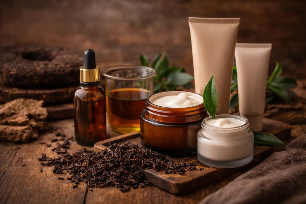 mmagine orizzontale dedicata al tè Pu-erh in cosmetica, con foglie fermentate di Camellia sinensis e prodotti cosmetici formulati con ingredienti di origine naturale. La scena richiama l’impiego del tè Pu-erh in cosmetica per il supporto dell’aspetto della pelle, valorizzando il ruolo di polifenoli, caffeina e composti antiossidanti ottenuti dal processo di fermentazione, in un contesto esclusivamente cosmetico e non terapeutico.