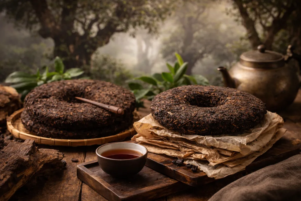 Immagine orizzontale dedicata al tè Pu-erh in cosmetica, che richiama il valore del tè Pu-erh alimentare invecchiato: dischi di tè fermentato ottenuti da foglie di Camellia sinensis, simbolo di fermentazione naturale, tempo e qualità. L’immagine rappresenta il legame tra tradizione, invecchiamento e valorizzazione degli attivi fermentati, concetti chiave nell’uso del tè Pu-erh in cosmetica.