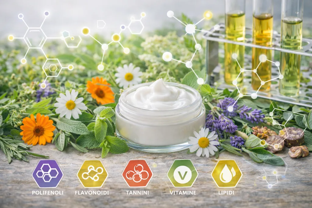 Erbe officinali: Principi attivi vegetali in cosmetica naturale con erbe officinali, crema skincare e composti come polifenoli, flavonoidi, tannini, vitamine e lipidi