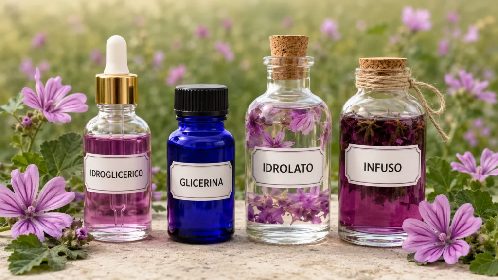Malva in cosmetica naturale con estratti e prodotti per pelle e capelli
