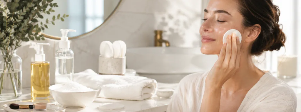 Detersione delicata del viso come primo gesto della routine antiage, utile per eliminare trucco, protezione solare e impurità rispettando la barriera cutanea.